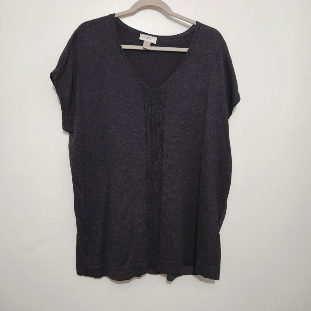 LOFT Women’s XL Black Knit Front Chiffon Back Blouse Top Short Sleeve Relaxed